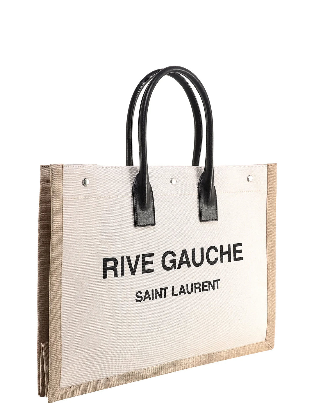 Saint Laurent Rive Gauche Tote Bag in Ecru Canvas with Beige Trim and Black Leather Handles - Gemaee  UAE