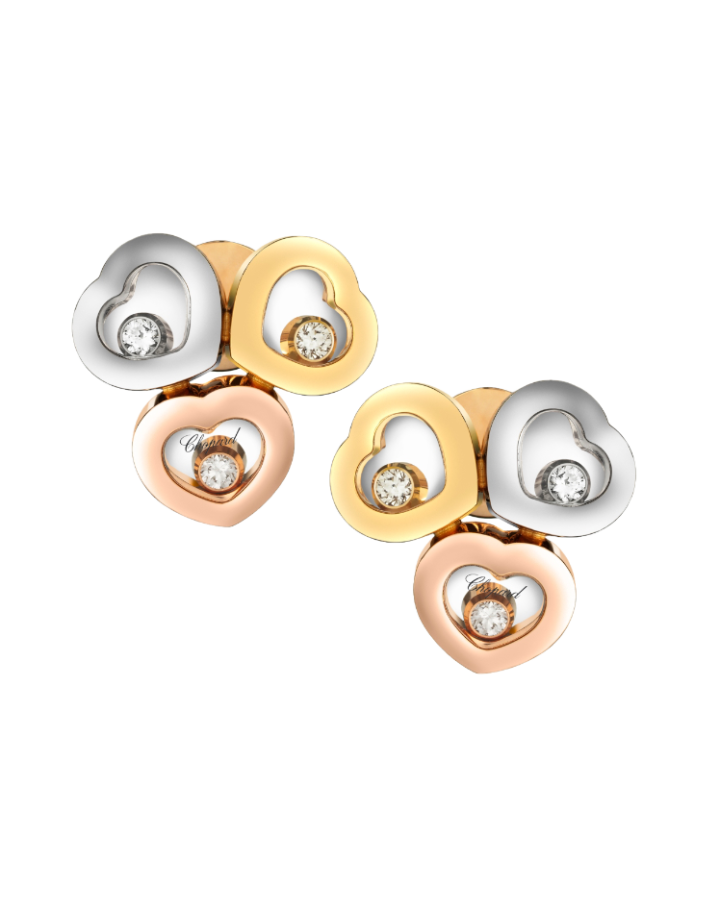 Chopard Happy Curves Earrings in 18K Yellow, Rose & White Gold with Floating Diamonds