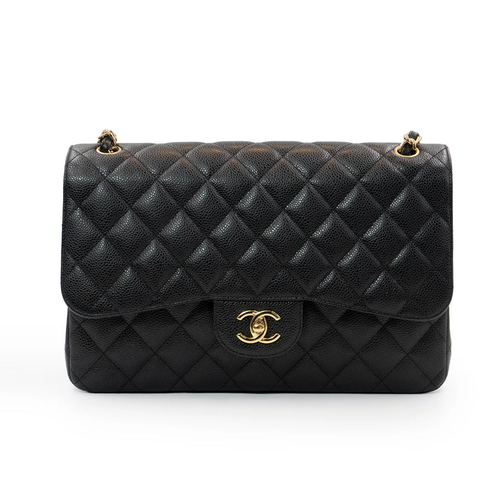 Chanel Large Classic Double Flap Bag in Black Caviar Leather with Gold Hardware