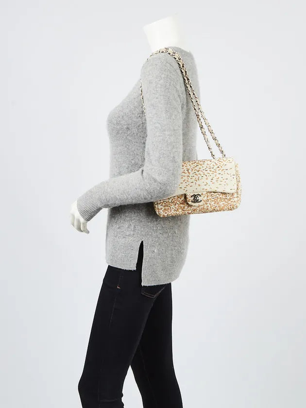 Chanel Large Flap Bag in Ivory Raffia and Sequin with Silver Hardware