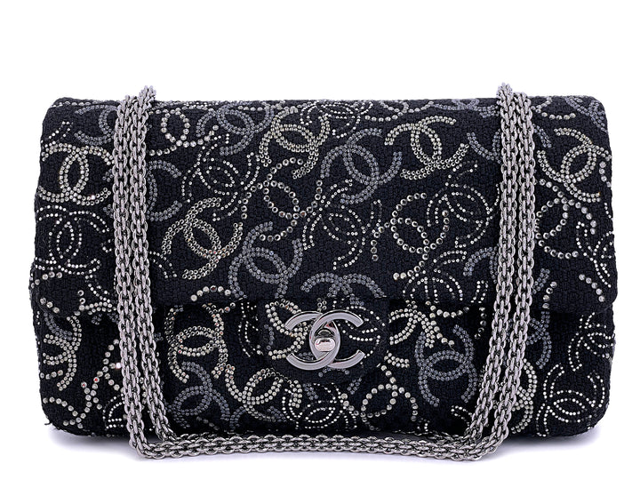 Chanel Jumbo Classic Single Flap Bag in Black Tweed with Strass Crystal CC and Silver-Tone Hardware