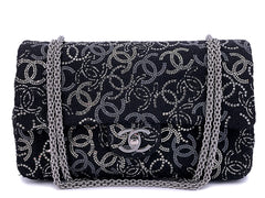 Chanel Jumbo Classic Single Flap Bag in Black Tweed with Strass Crystal CC and Silver-Tone Hardware