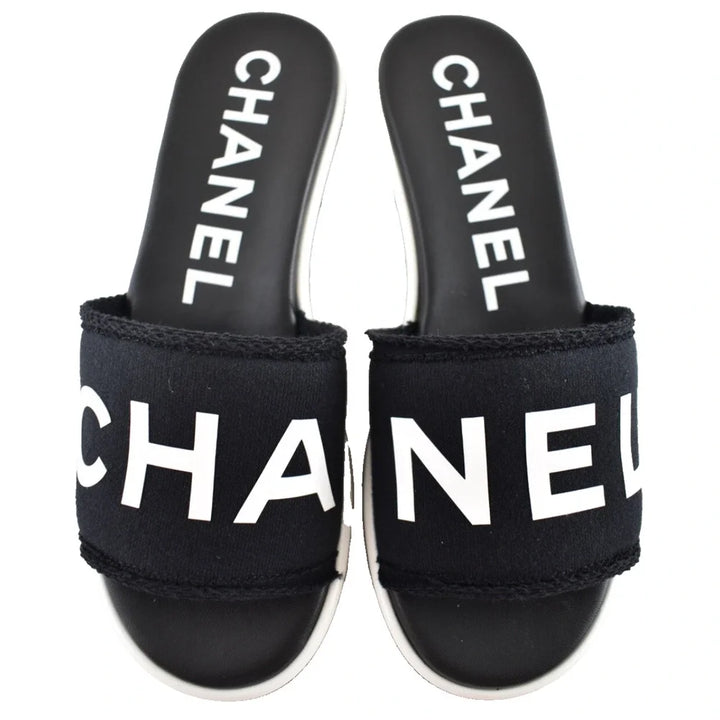 Chanel 24C Black & White CHA NEL Letter Logo Mule Slide Block Heel Sandals