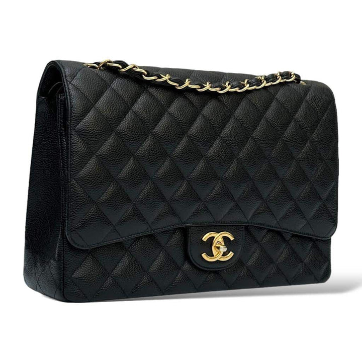 Chanel Maxi Classic Double Flap Bag Black Caviar Leather with Gold Hardware - Gemaee  UAE