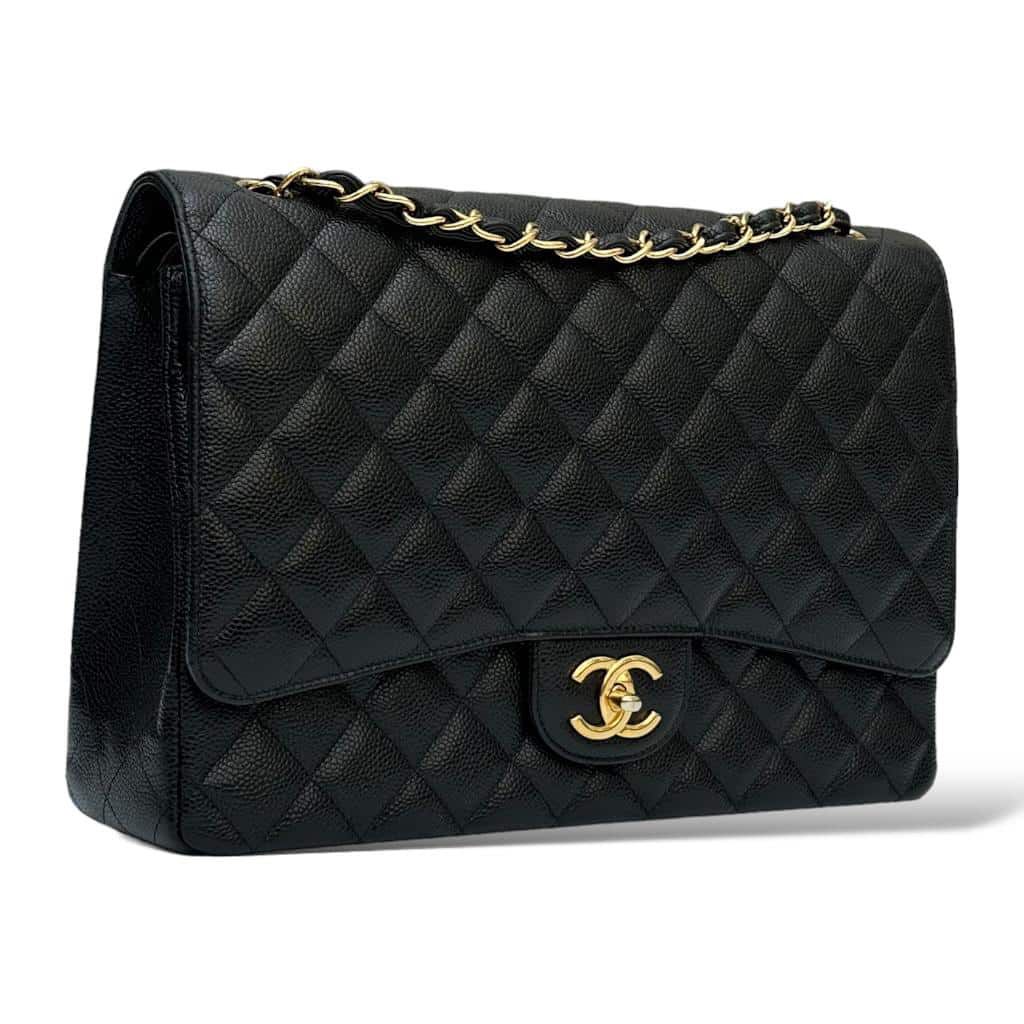 Chanel Maxi Classic Double Flap Bag Black Caviar Leather with Gold Hardware - Gemaee  UAE