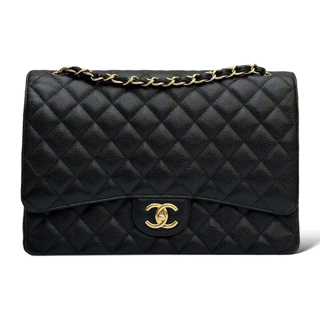 Chanel Maxi Classic Double Flap Bag Black Caviar Leather with Gold Hardware - Gemaee  UAE