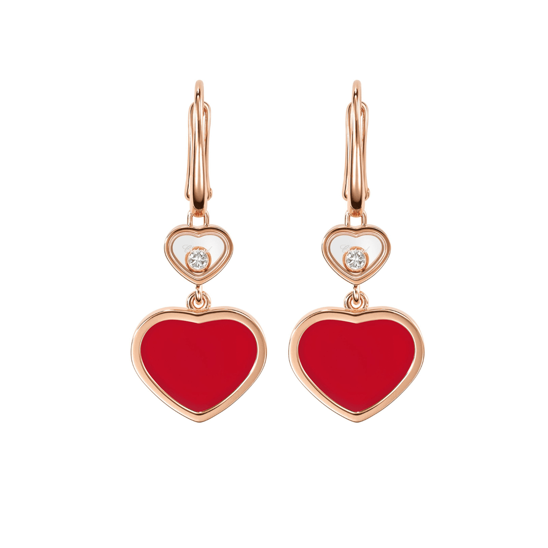 Chopard 18K Rose Gold Carnelian and Diamond Happy Hearts Earrings - Gemaee UAE