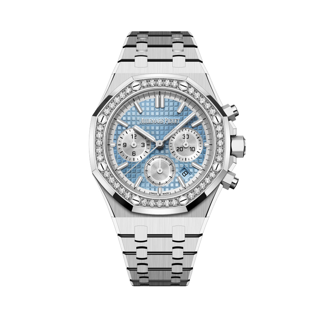 Audemars Piguet Royal Oak Selfwinding Chronograph 26715ST.ZZ.1356ST.01 38mm Light Blue Dial Diamond Bezel Stainless Steel Watch - Gemaee  UAE