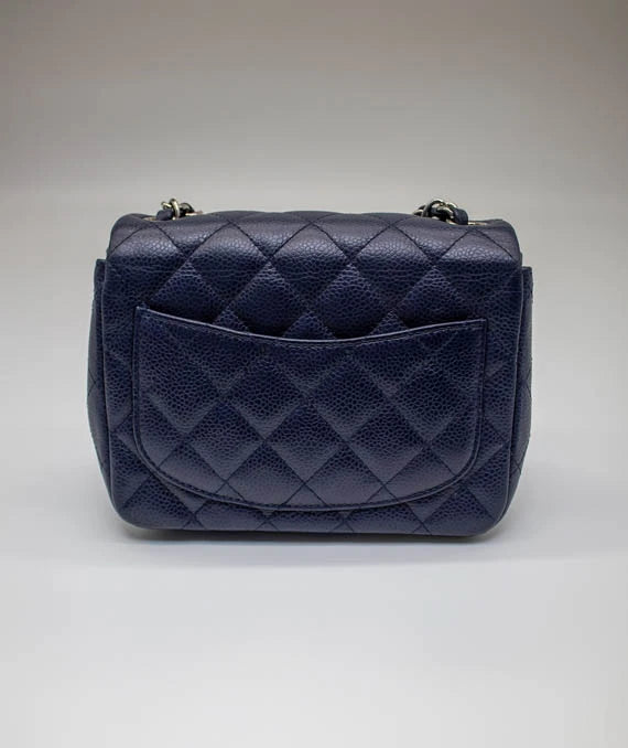 Chanel Mini Square Flap Bag in Navy Blue Quilted Caviar Leather with Silver Hardware