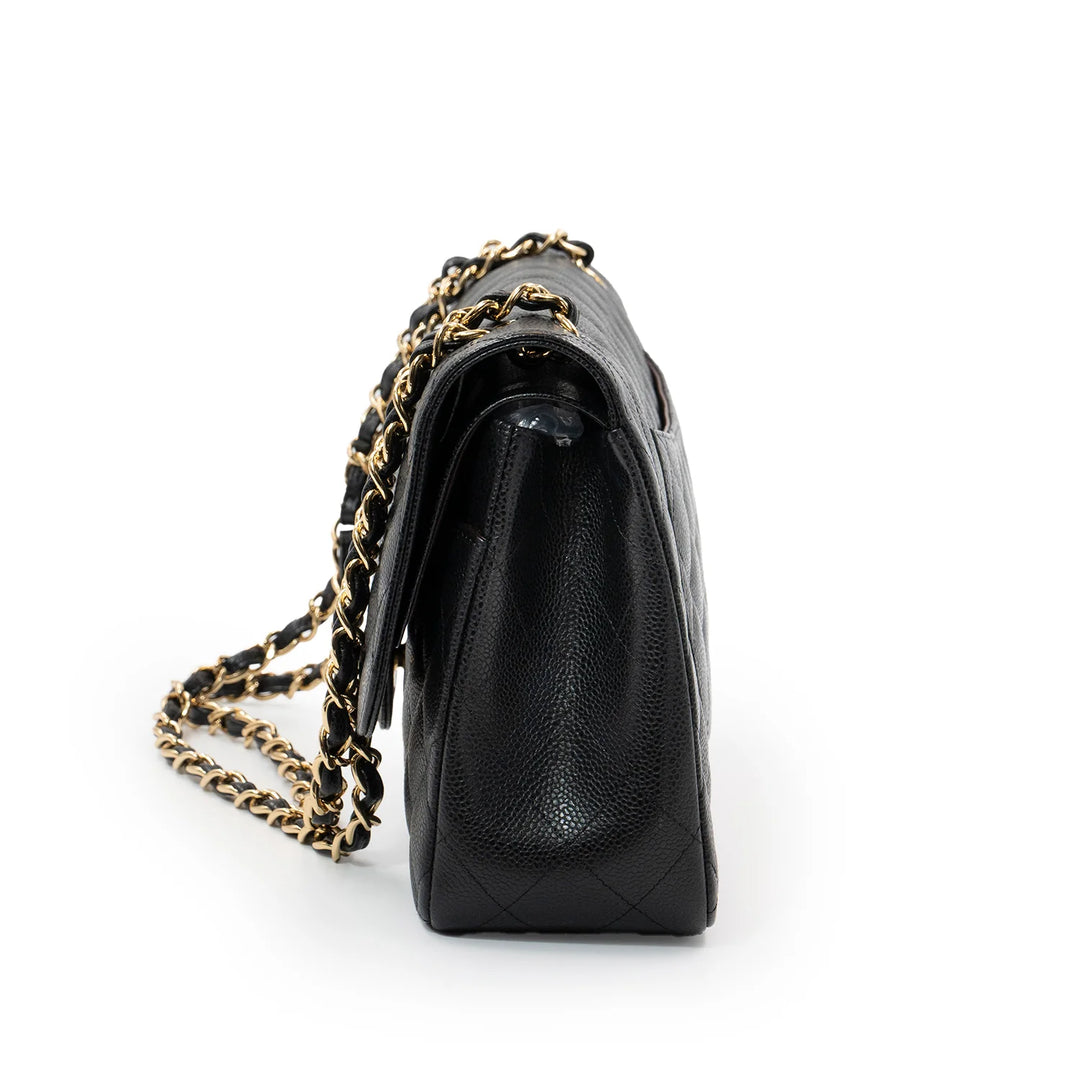 Chanel Large Classic Double Flap Bag in Black Caviar Leather with Gold Hardware