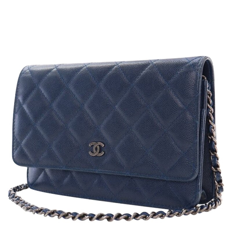 Chanel Navy Blue Quilted Caviar Wallet on Chain