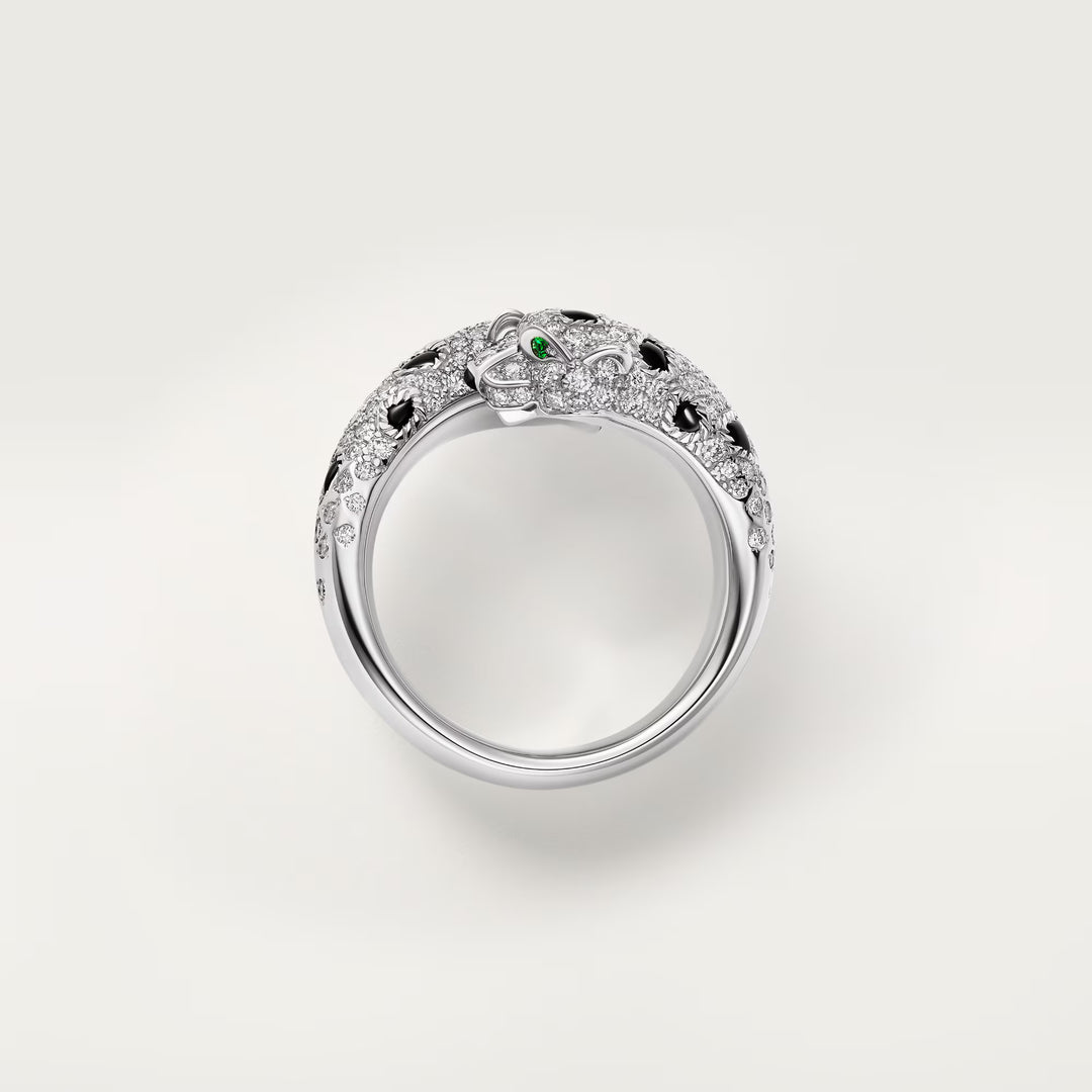 Cartier Panthère de Cartier Semi Paved Ring in 18K White Gold with Diamonds Emeralds and Onyx - Gemaee  UAE
