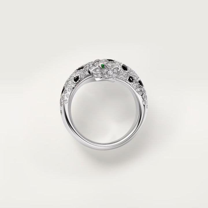 Cartier Panthère de Cartier Semi Paved Ring in 18K White Gold with Diamonds Emeralds and Onyx - Gemaee  UAE
