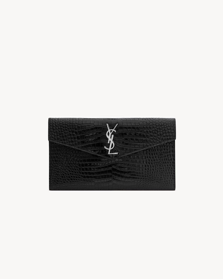 Saint Laurent Uptown Pouch in Black Crocodile-Embossed Shiny Leather with Cassandre