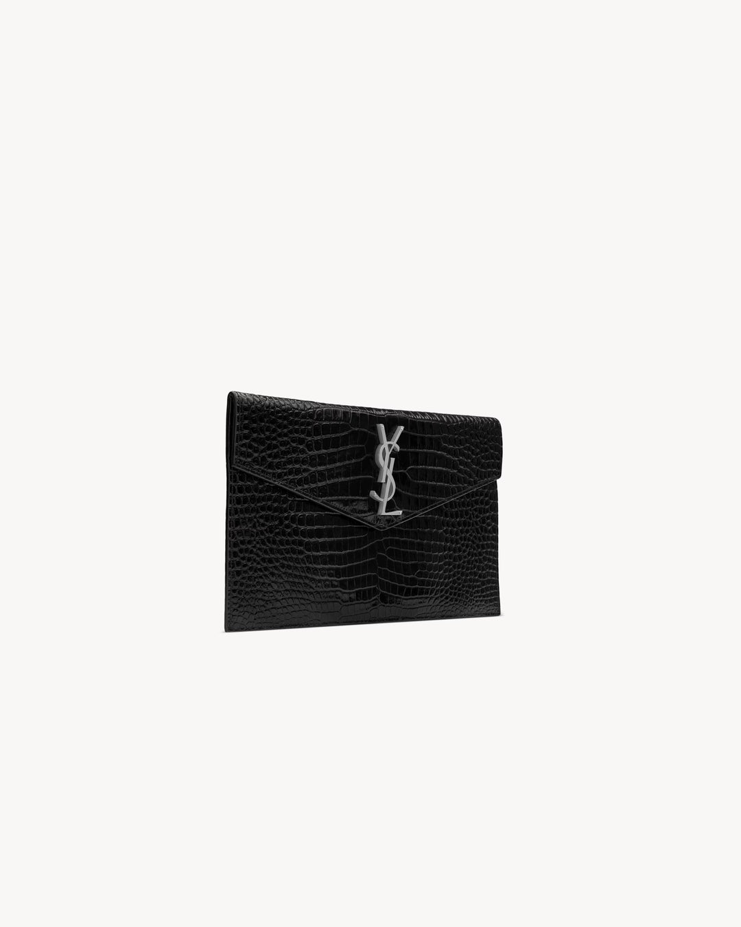 Saint Laurent Uptown Pouch in Black Crocodile-Embossed Shiny Leather with Cassandre