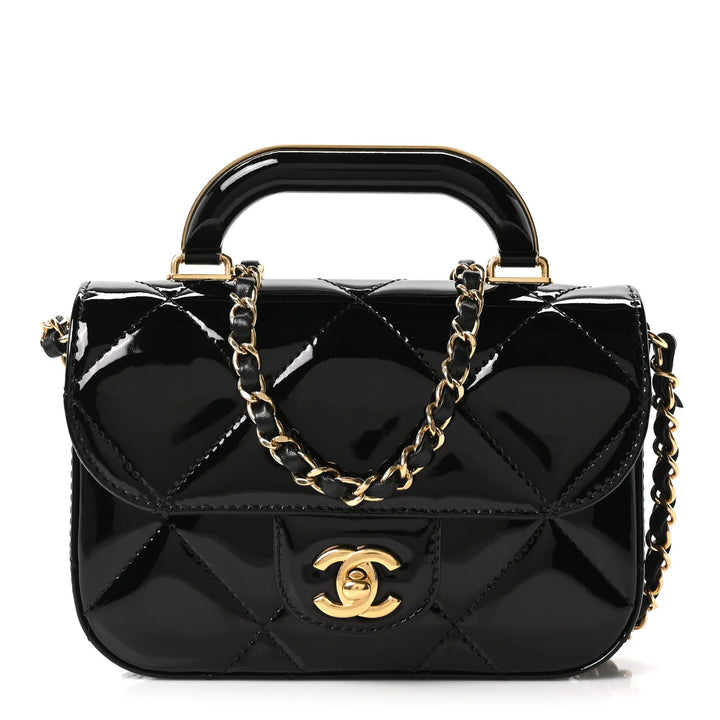 CHANEL Patent Mini Top Handle Clutch with Chain in Black
