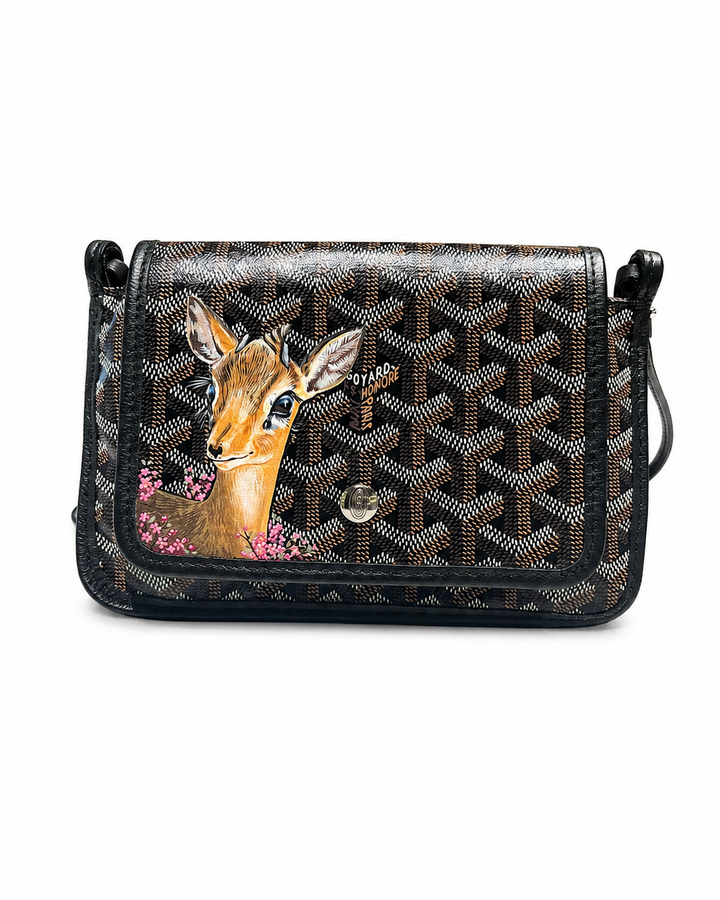 Goyard Plumet Crossbody Wallet in Black Goyardine Canvas with Custom Hand-Painted Deer Artwork