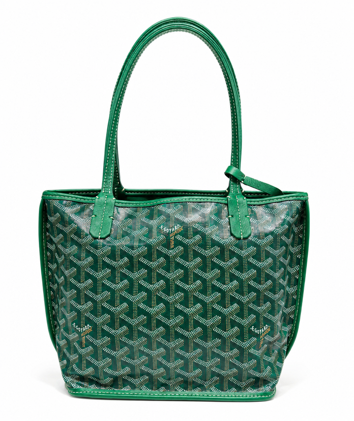 Goyard Mini Anjou Tote Bag in Green Goyardine Canvas with Hand-Painted Teddy Bear Motif