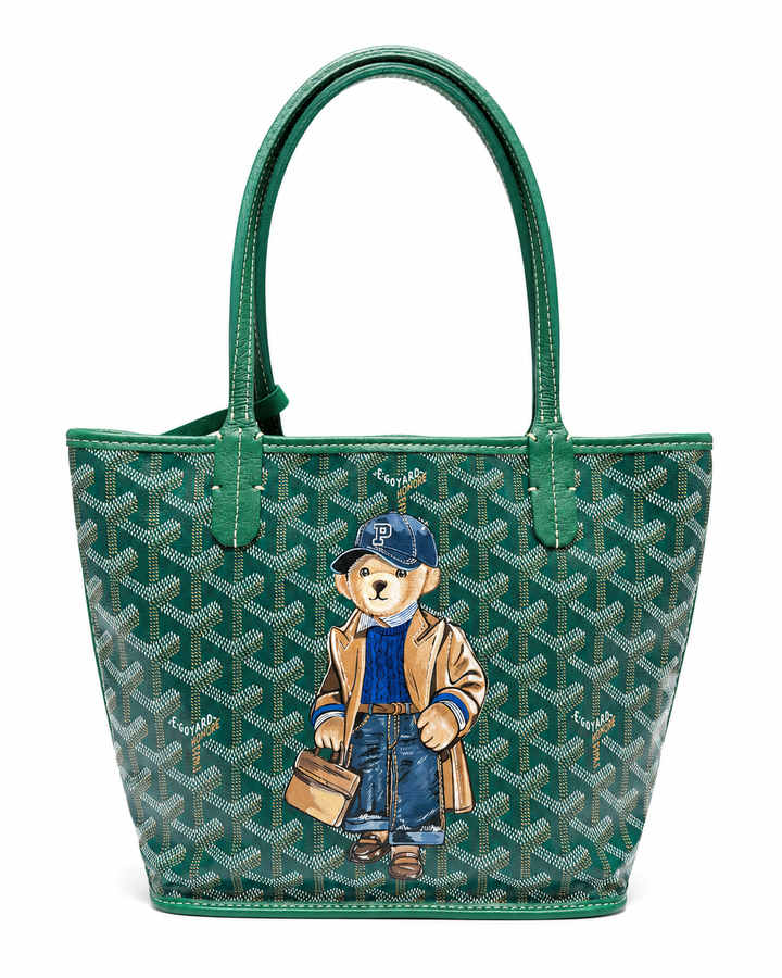 Goyard Mini Anjou Tote Bag in Green Goyardine Canvas with Hand-Painted Teddy Bear Motif