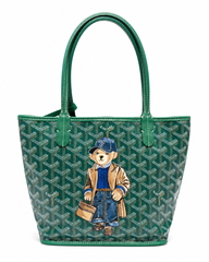 Goyard Mini Anjou Tote Bag in Green Goyardine Canvas with Hand-Painted Teddy Bear Motif