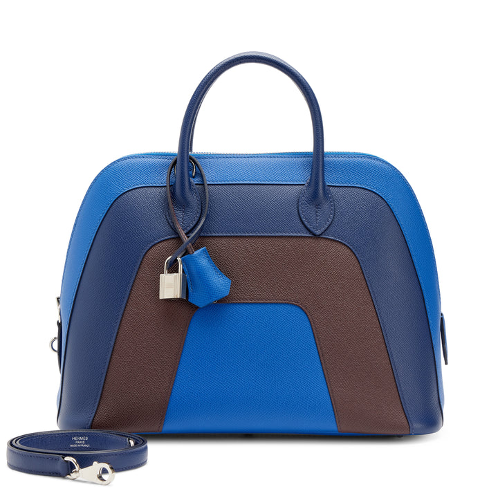 Hermès Limited Edition Rainbow Bolide 30 in Bleu Frida, Bleu Saphir & Rouge Sellier Epsom Leather with Palladium Hardware