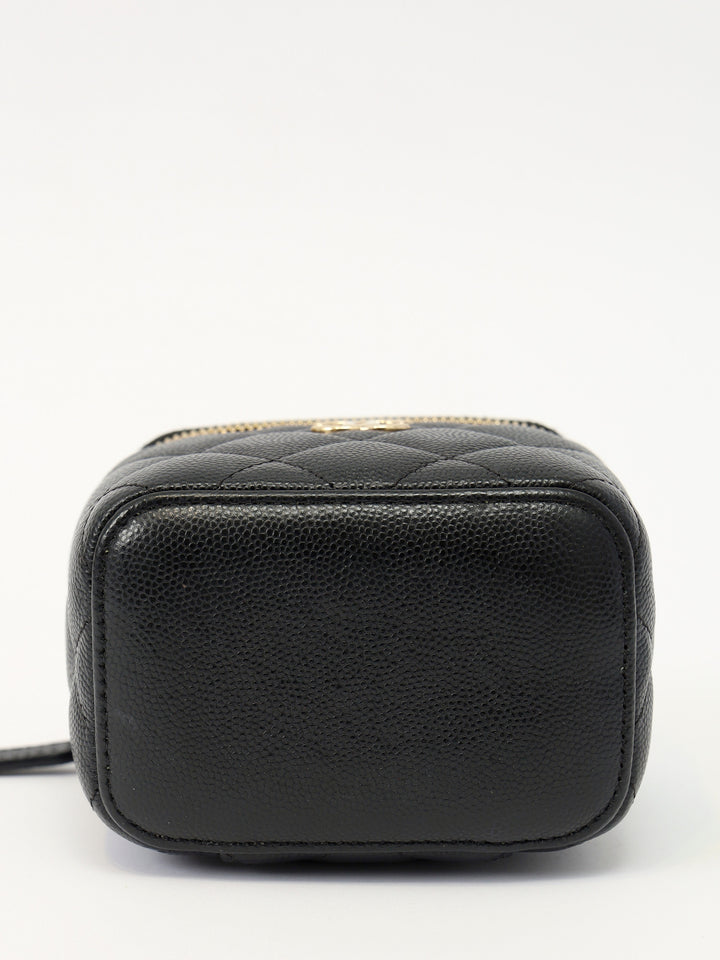 Chanel CC Pearl Mini Vanity Case Black Quilted Caviar Leather with Faux Pearl & Leather Top Handle and Gold-Tone Hardware