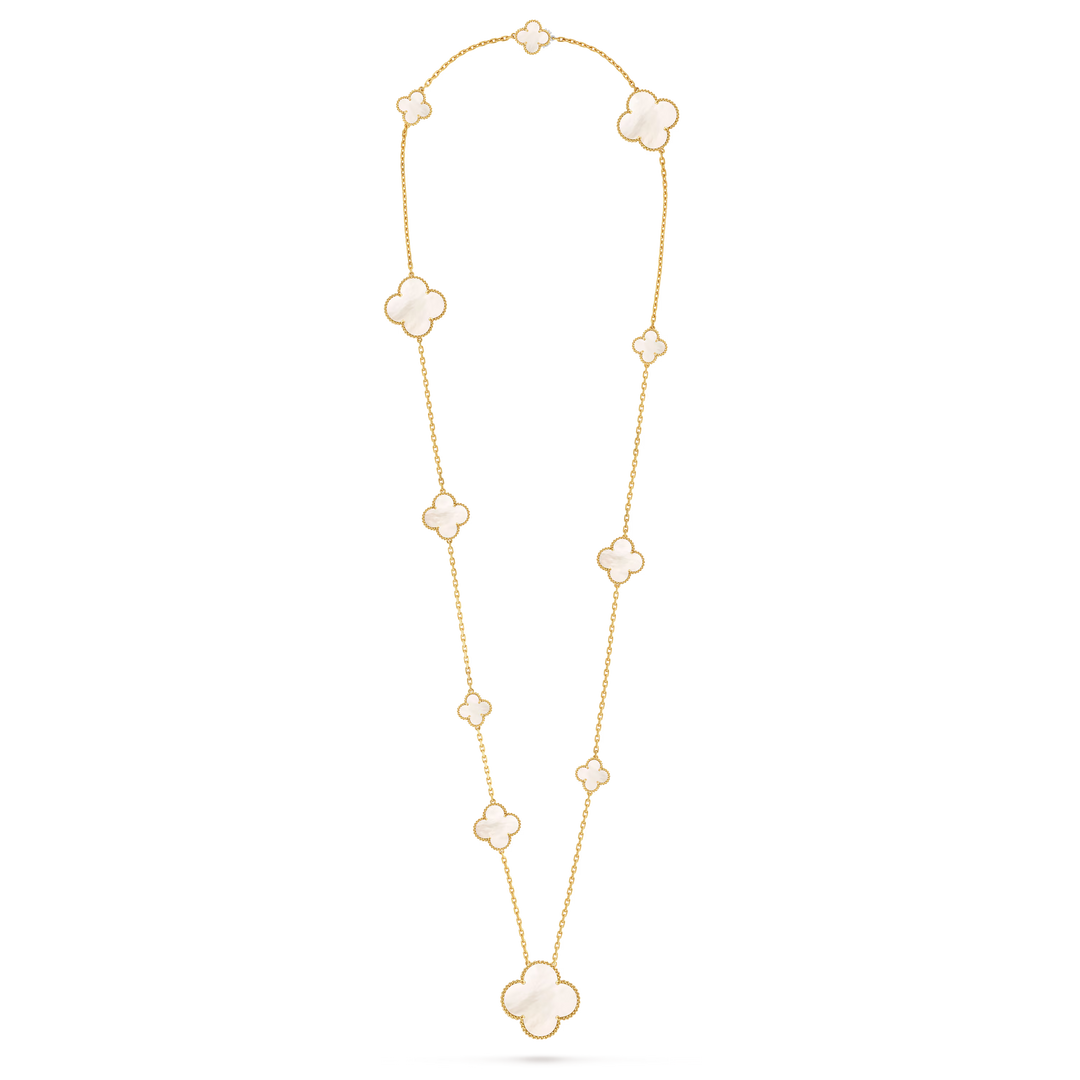 Van Cleef & Arpels Magic Alhambra Long Necklace 11 Motifs in 18K Yellow Gold with Mother-of-Pearl - Gemaee  UAE