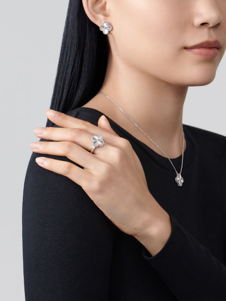Van Cleef & Arpels Vintage Alhambra Guilloché Pendant Necklace in Rhodium-Plated 18K White Gold - Gemaee  UAE
