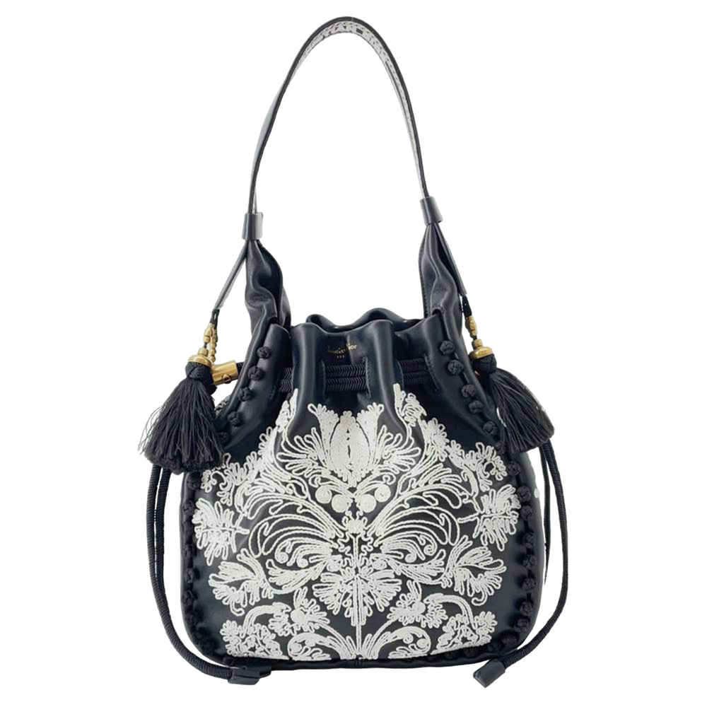Dior Black/White Lambskin Ornamental Cornely-Effect Hobo Bucket Bag - Gemaee  UAE