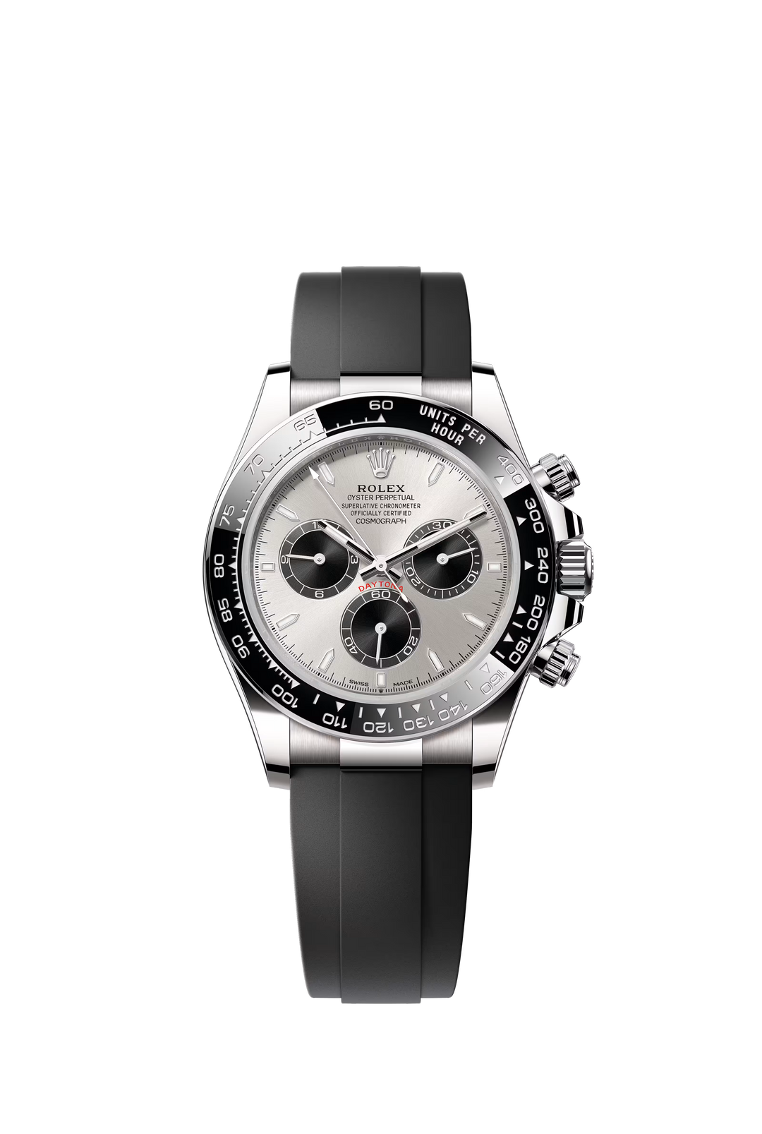 Rolex Cosmograph Daytona 40mm Watch in Steel & Black “Ghost” Dial with 18K White Gold Case, Black Cerachrom Bezel and Oysterflex Bracelet - Gemaee  UAE
