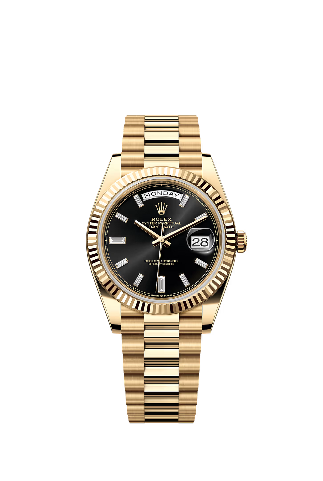 Rolex Day-Date 40mm Bright Black Diamond Dial 18K Yellow Gold President Bracelet - Gemaee  UAE