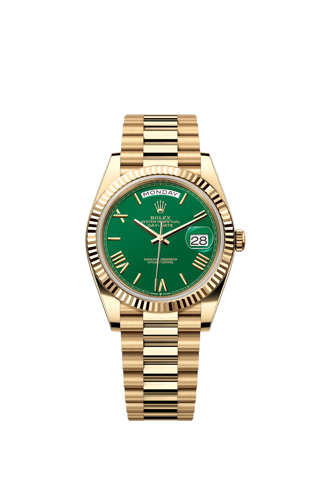 Rolex Day-Date 40 18K Yellow Gold Green Dial Fluted Bezel President Bracelet Watch Ref. 228238
