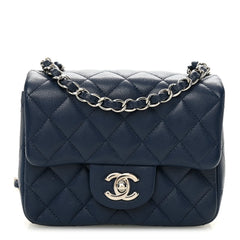 Chanel Mini Square Flap Bag in Navy Blue Quilted Caviar Leather with Silver Hardware