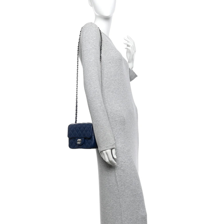 Chanel Mini Square Flap Bag in Navy Blue Quilted Caviar Leather with Silver Hardware
