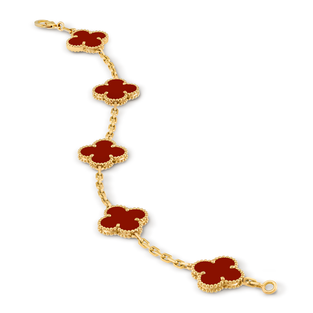 Van Cleef & Arpels Vintage Alhambra 5 Motifs Bracelet in 18K Yellow Gold with Carnelian