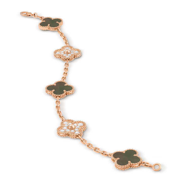 Van Cleef & Arpels Vintage Alhambra 18K Rose Gold Bracelet 5 motifs with Diamond and Mother-of-pearl