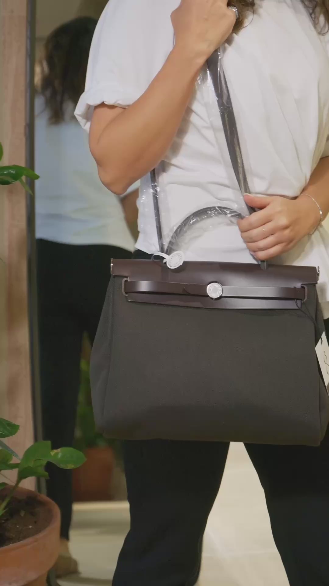 Hermès Herbag Zip 31 Retourne Bag in Dark Bronze Canvas with Ebene Leather Trim