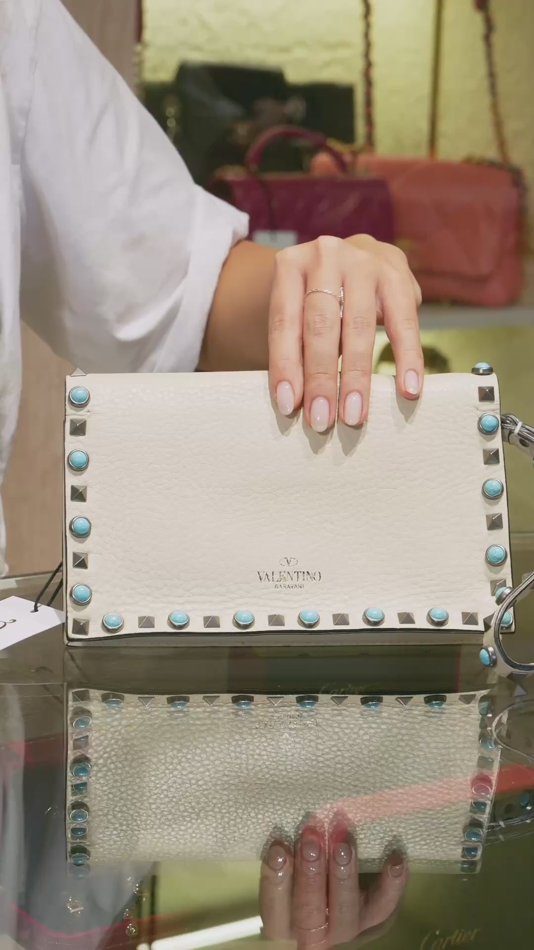 Valentino Garavani Rockstud Rolling Clutch in Beige Leather with Turquoise Cabochons and Antique Silver Studs