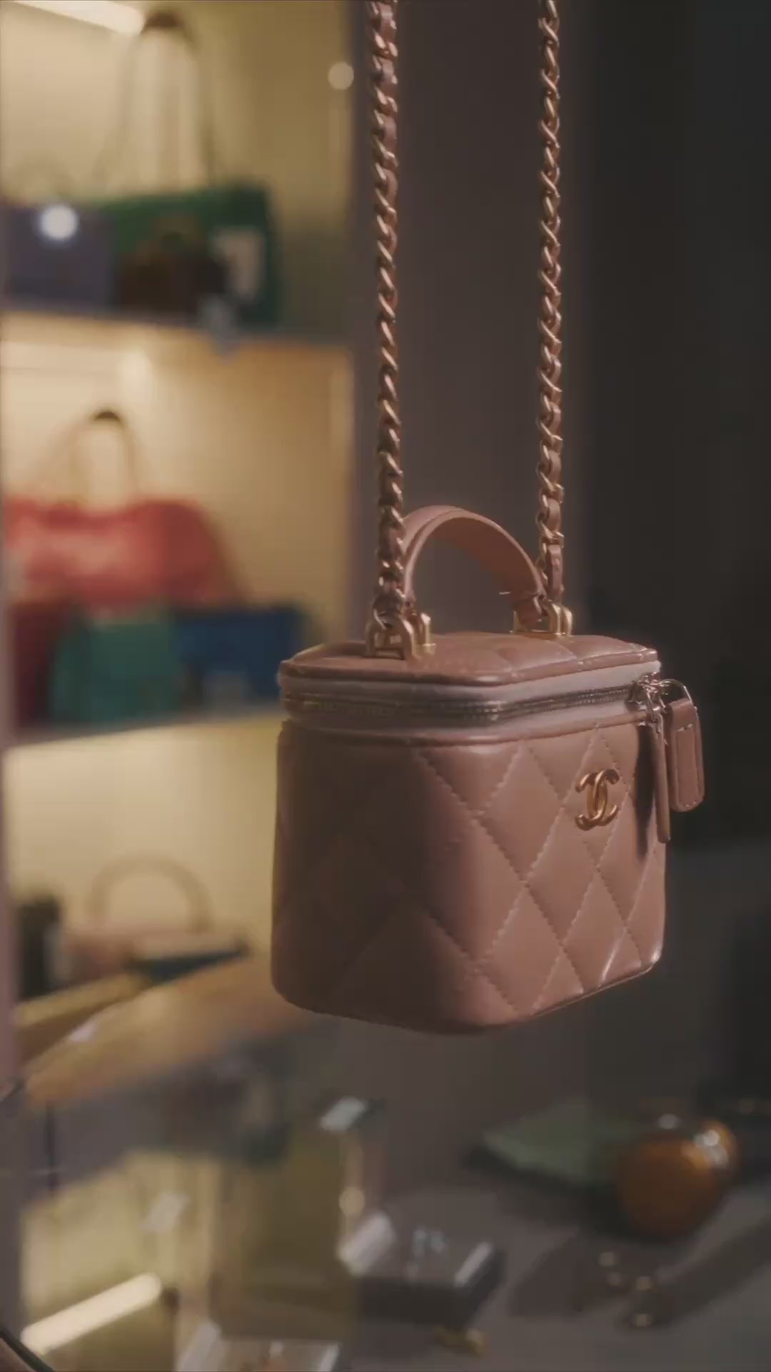 Chanel Mini Vanity Case with Chain in Beige Lambskin Leather with Gold Hardware
