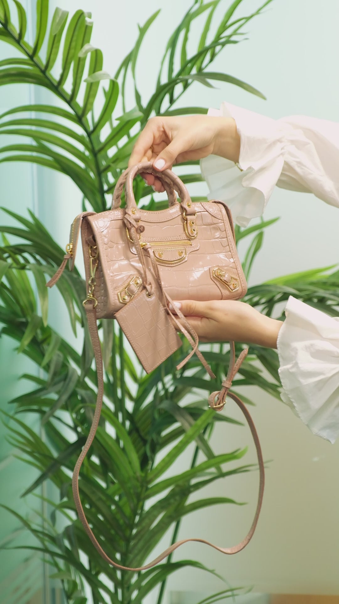 Balenciaga Mini Metallic Edge Shoulder Bag in Shiny Crocodile-Embossed Leather