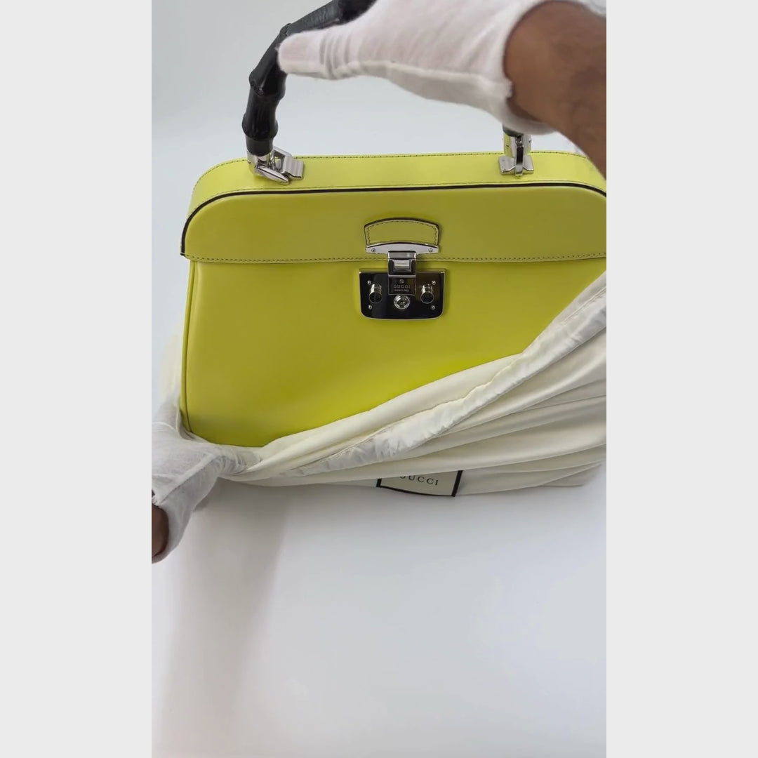 Gucci Lime Yellow Patent Leather Lady Lock Bamboo Top Handle Bag