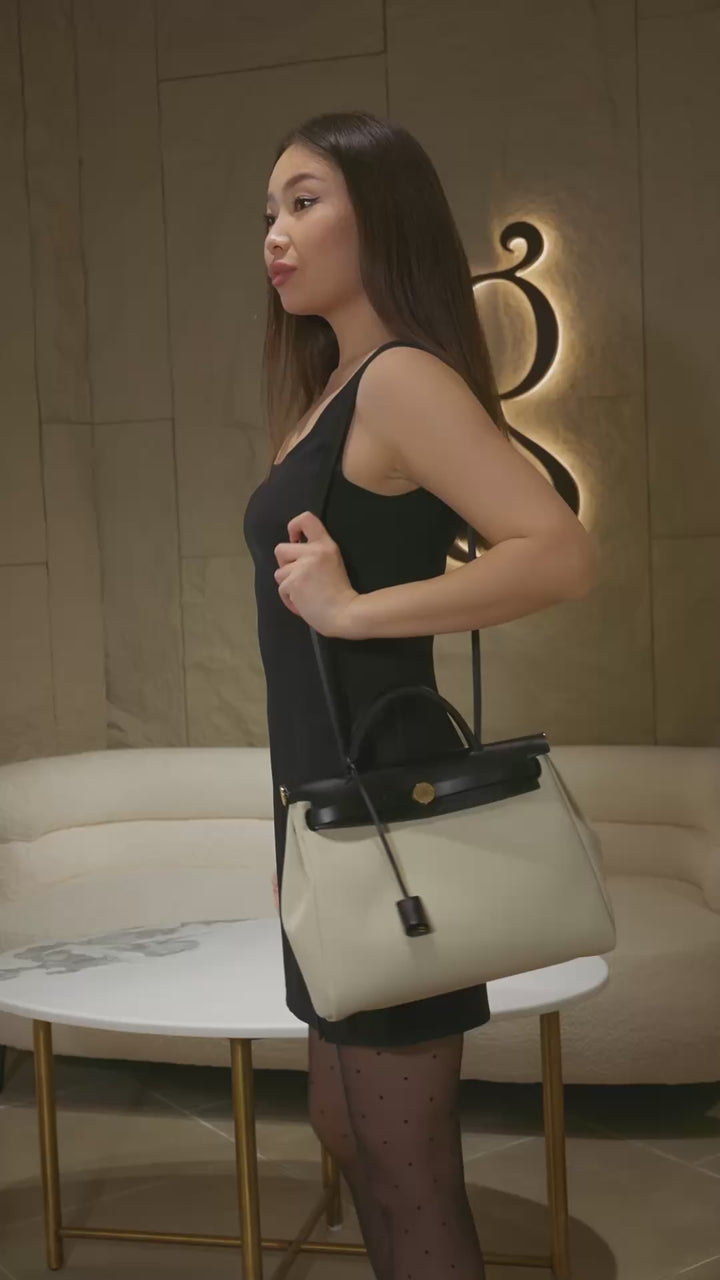 Hermès Herbag Zip 31 Retourne Bag in Béton Canvas with Noir Veau Bétis Leather Trim and Gold Hardware