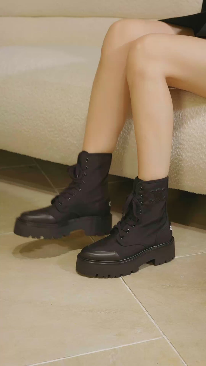 Celine Bulky Laced-Up Black Nylon and Shiny Bullskin Combat Boots
