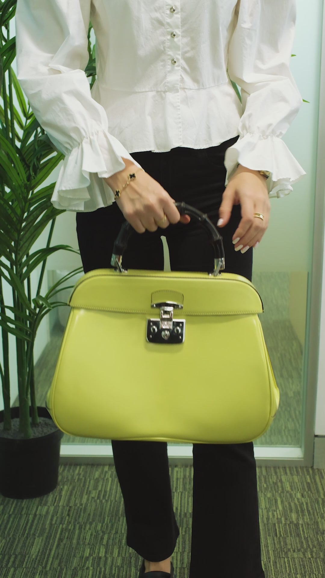 Gucci Lime Yellow Patent Leather Lady Lock Bamboo Top Handle Bag
