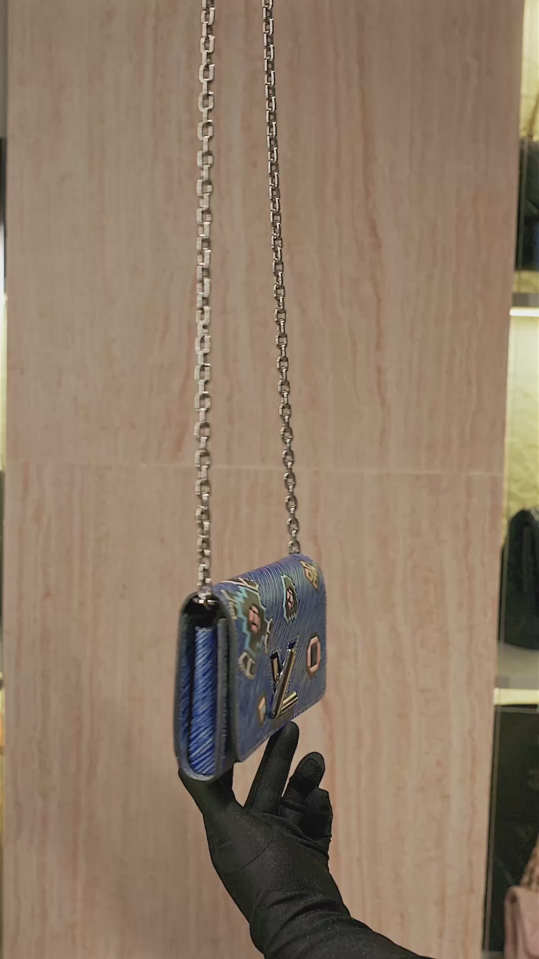 Louis Vuitton Twist Chain Wallet in Blue Epi Leather with Multicolor Azteque Pattern