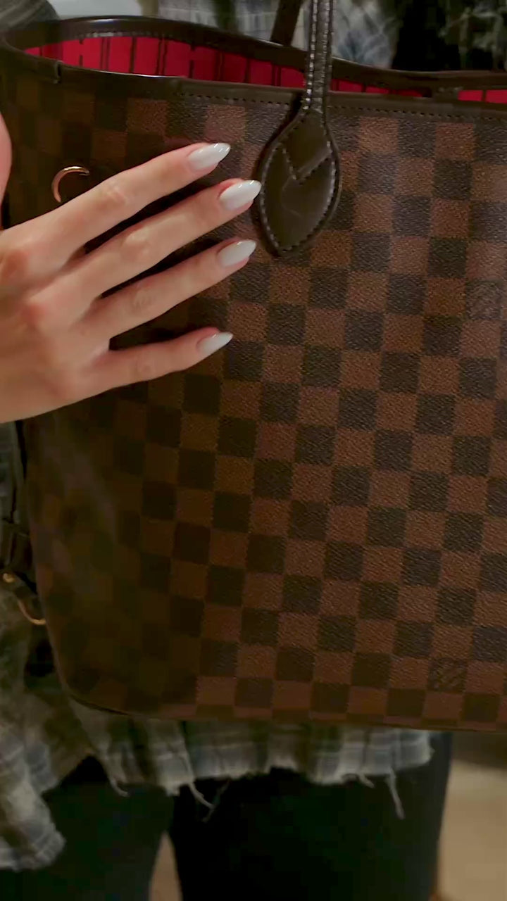 Louis Vuitton Neverfull MM Tote Bag in Damier Ebene Canvas with Brown Leather Trim