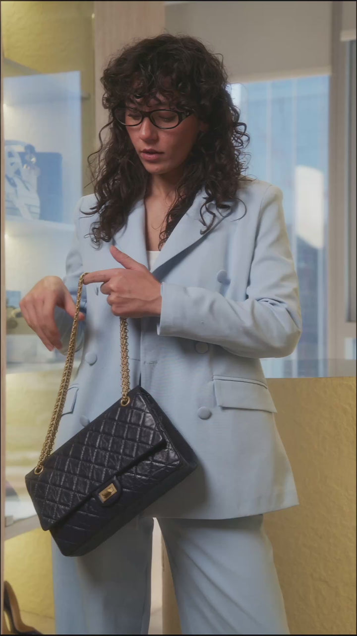 Chanel 2.55 Reissue Flap Bag in Navy Blue Quilted Crinkled Leather with Gold Tone Hardware