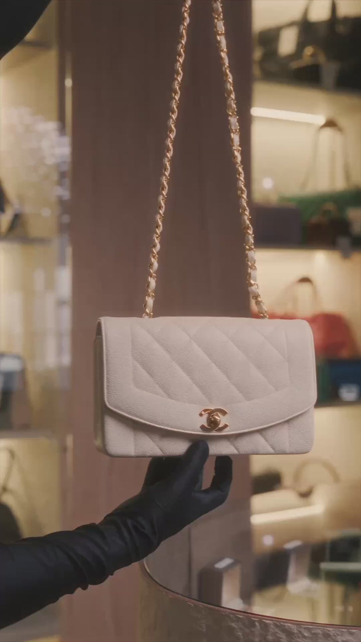 Chanel Vintage Small Diana Flap Bag in Ivory Quilted Caviar Leather with Gold Hardware