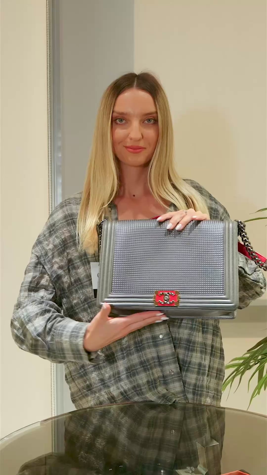 Chanel Large Boy Flap Bag in Grey Cube-Embossed Leather