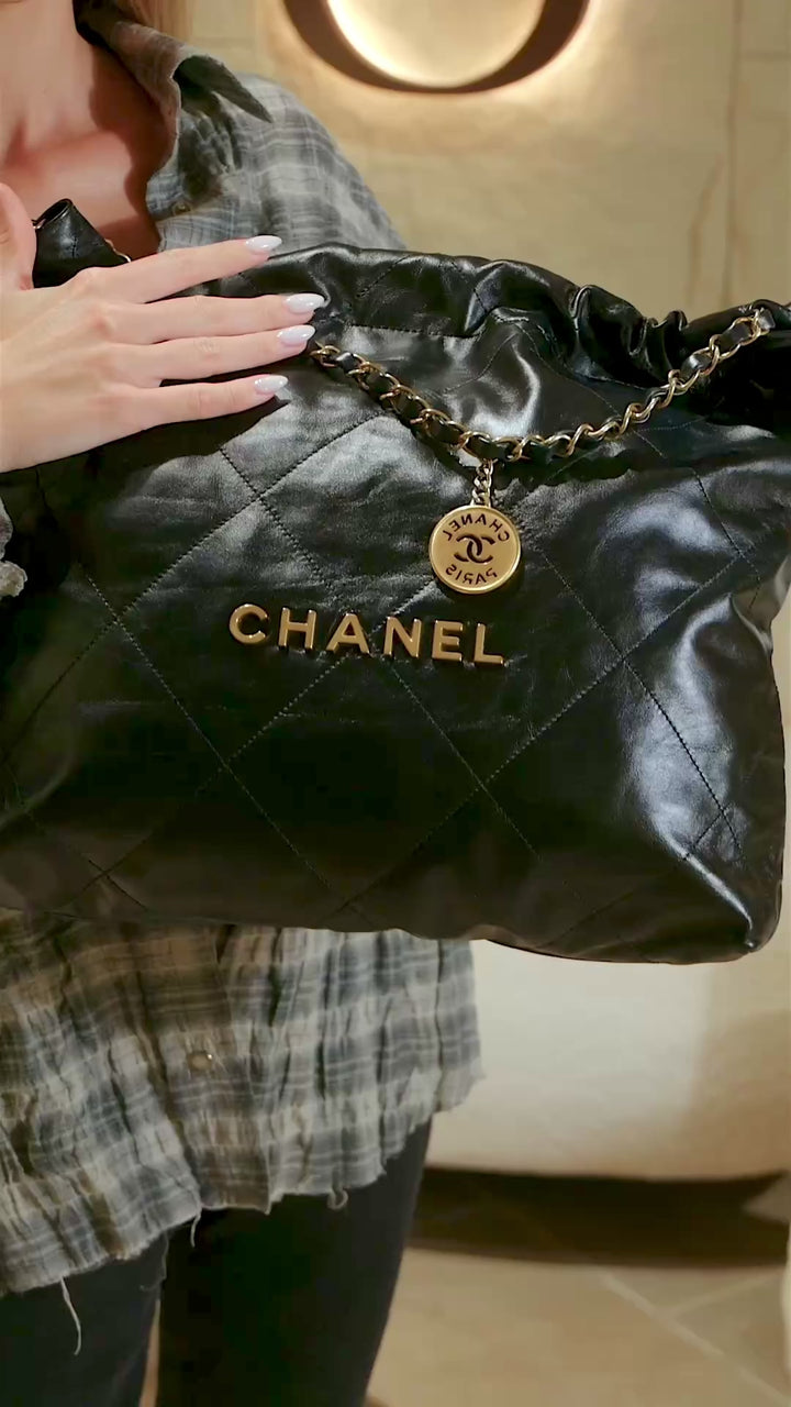 Chanel 22 Medium Handbag in Black Color with Shiny Calfskin & Gold-Tone Hardware